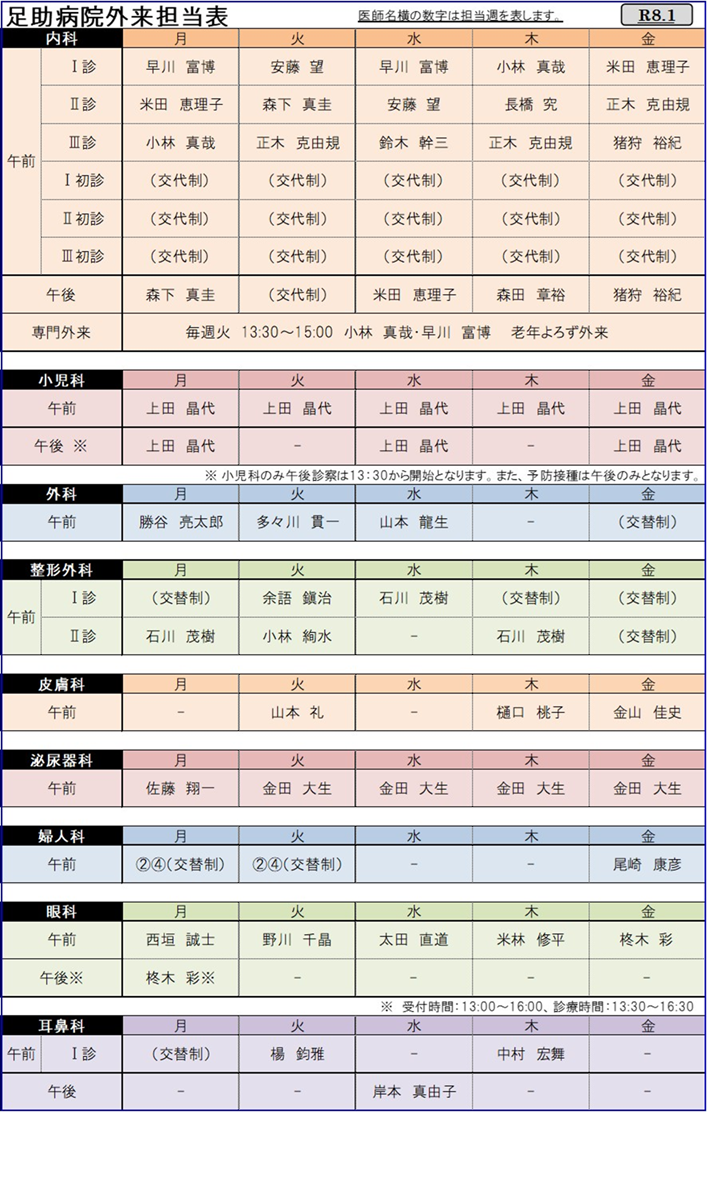 足助病院外来担当医表