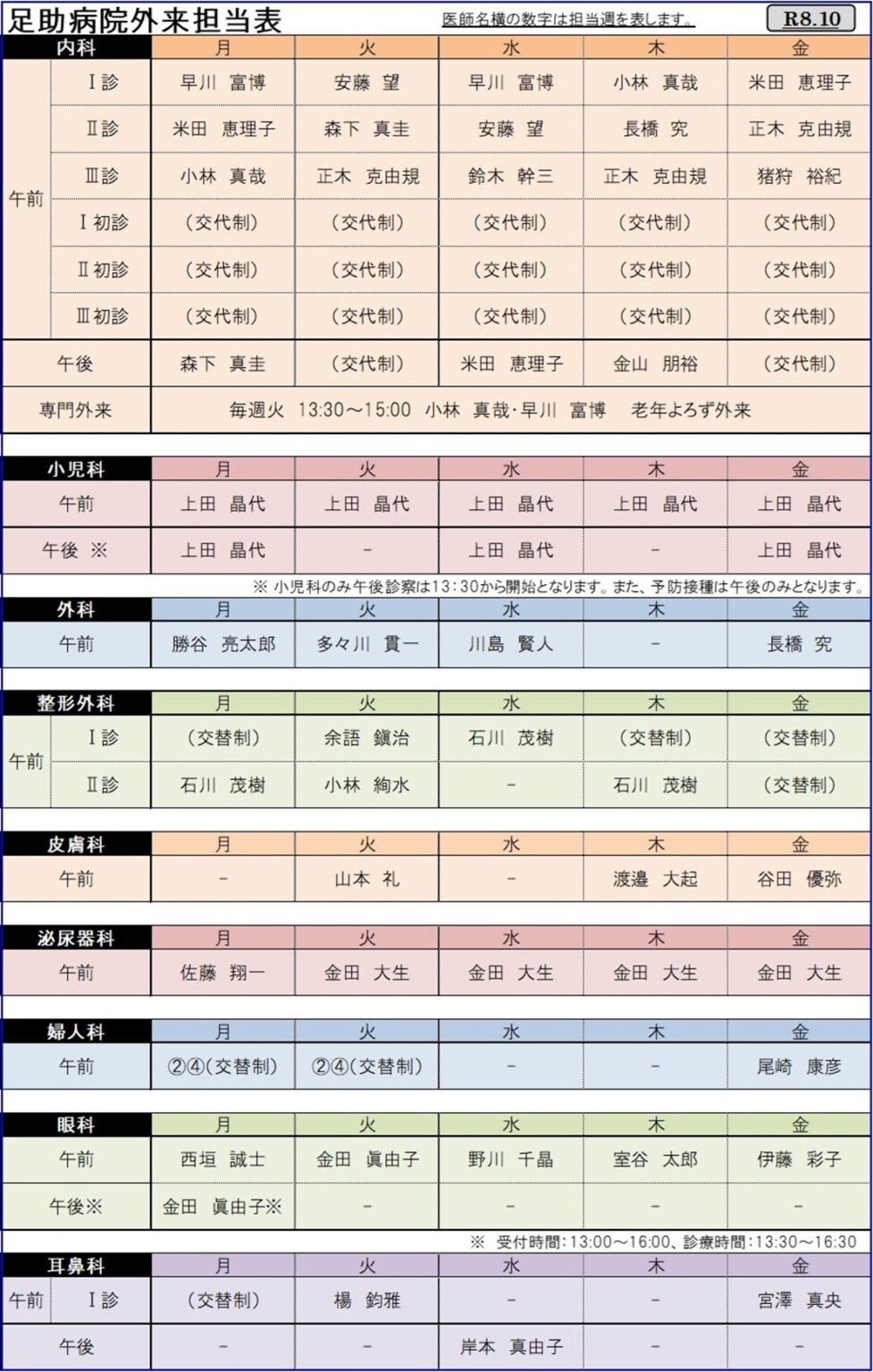 足助病院外来担当医表