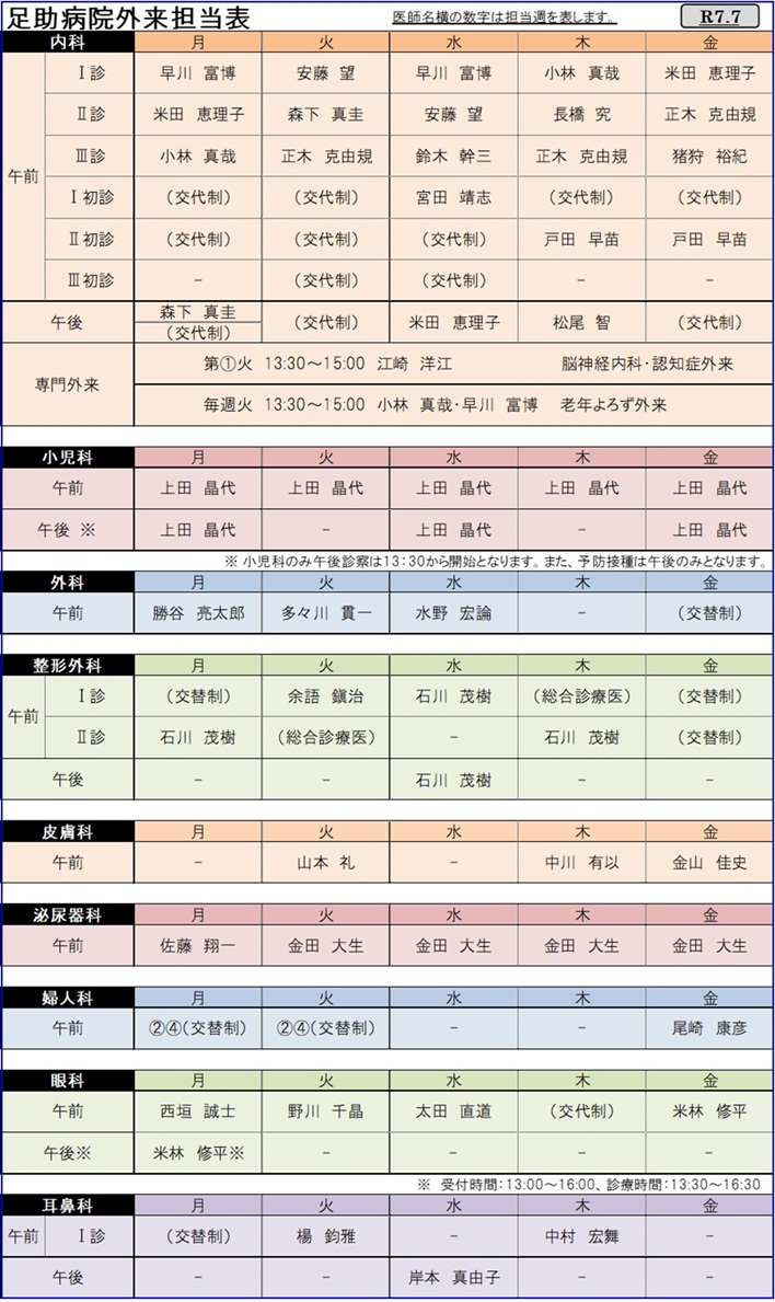 足助病院外来担当医表